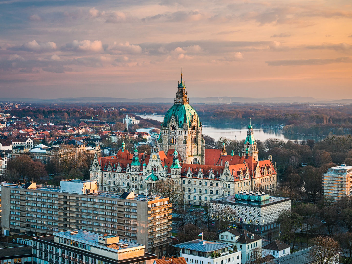 Aerial view of the City Hall of Hannover, Germany