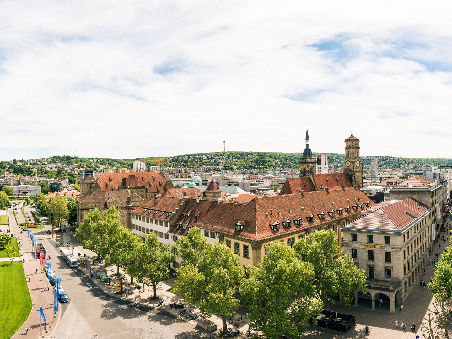 A panoramic view of the Koenigstrasse and Schlossplatz in Stuttgart's center, taken from a height of about 30m using a firetruck ladder.