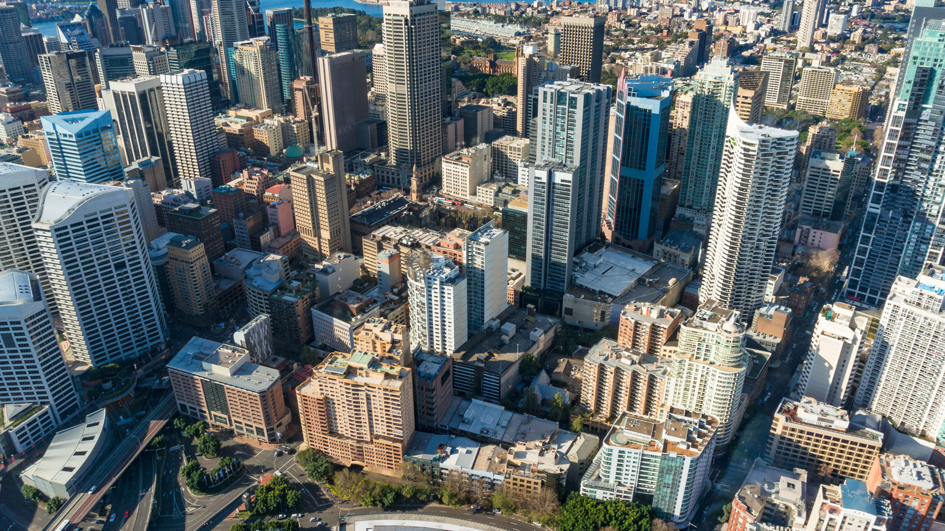 Aerial view of Sydney CBD with Sydney tower and financial district skyscrapers