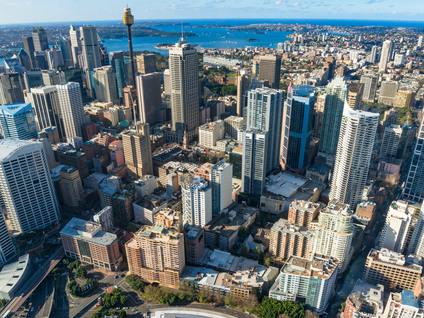 Aerial view of Sydney CBD with Sydney tower and financial district skyscrapers