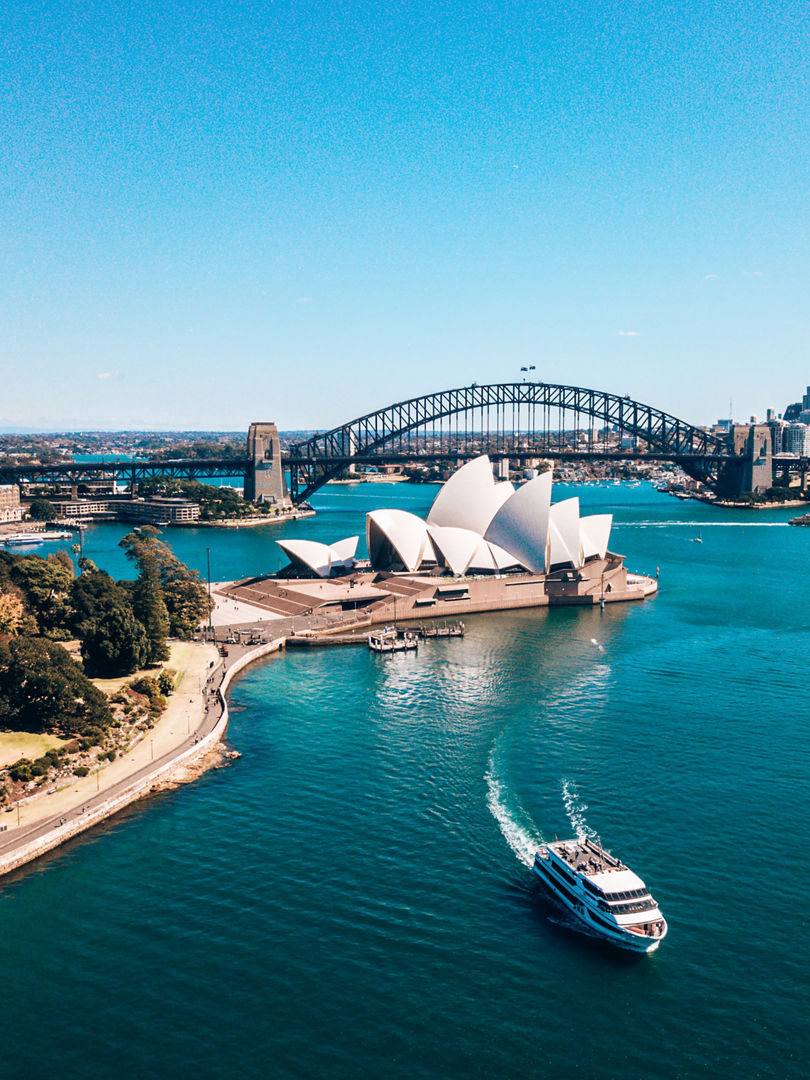 January 10, 2019. Sydney, Australia. Landscape aerial view of Sydney Opera house near Sydney business center around the harbour. , January 10, 2019. Sydney, Australia. Landscape aerial view of Sy