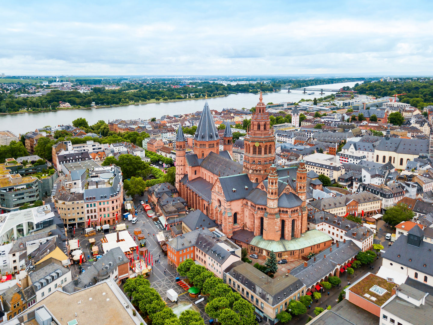 Mainz Cathedral aerial panoramic view, located at the market square of Mainz city in Germany