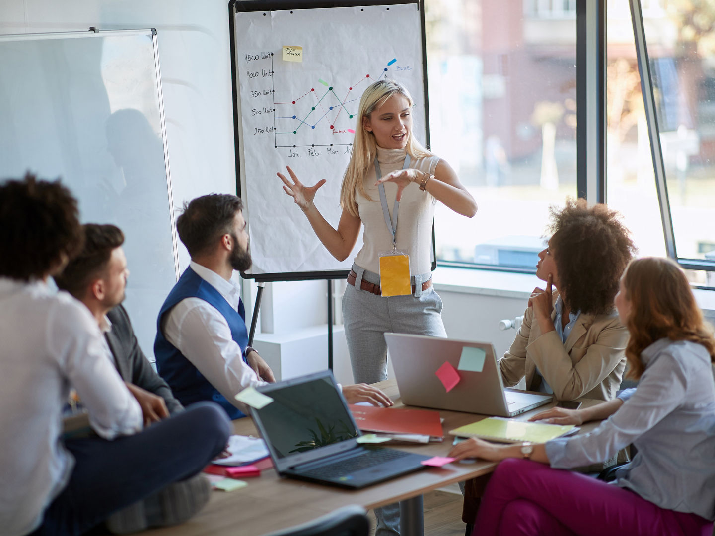 Business woman present  her idea to working team.Business colleagues talking about plan or new project.