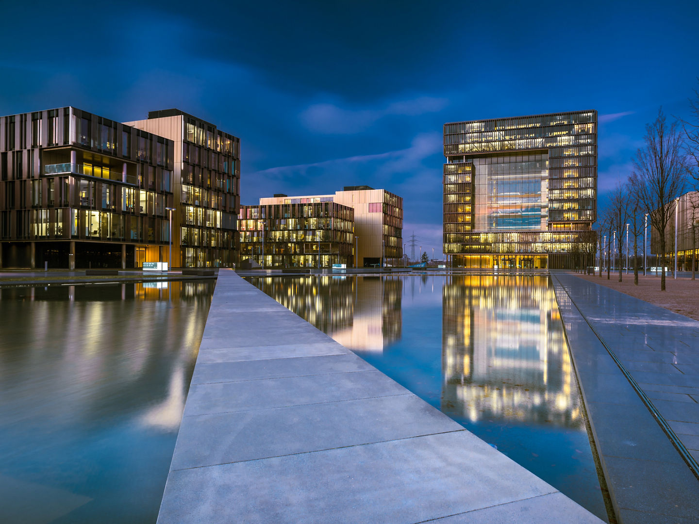 Reflection Of Illuminated Buildings In Swimming Pool Against Sky, Hq Thyssen,  Essen, Reflection Of Illuminated Buildings In Swimming Pool Against Sky