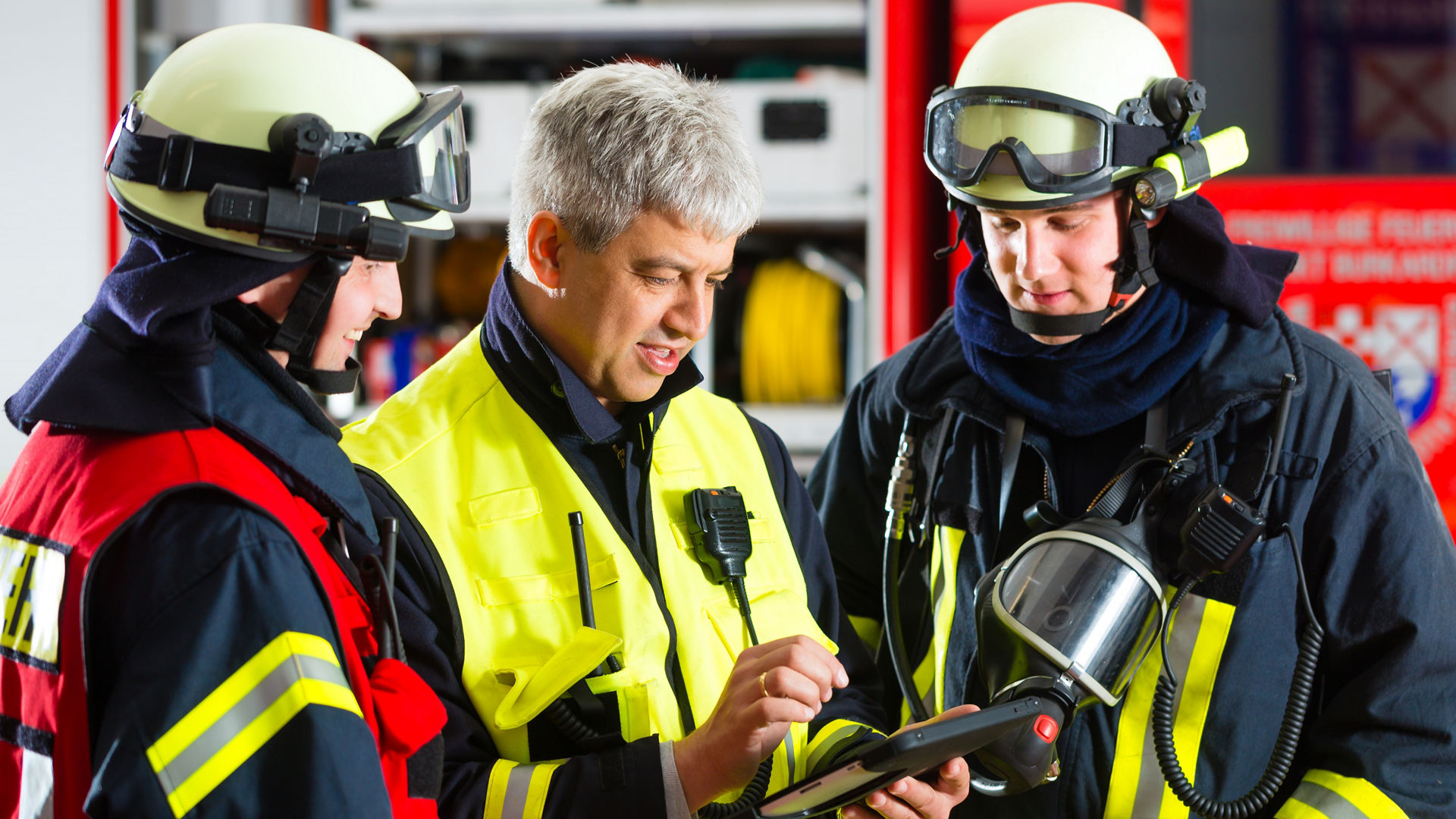 Fire brigade - Squad leader gives instructions, he used the Tablet Computer to plan the deployment