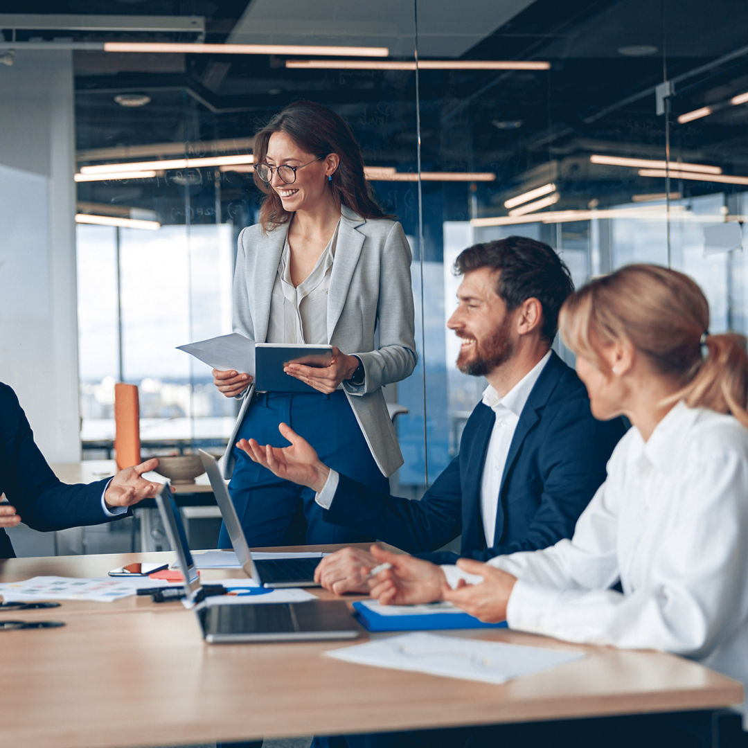 A group of business people partners during a set team meeting in the modern office.High quality 