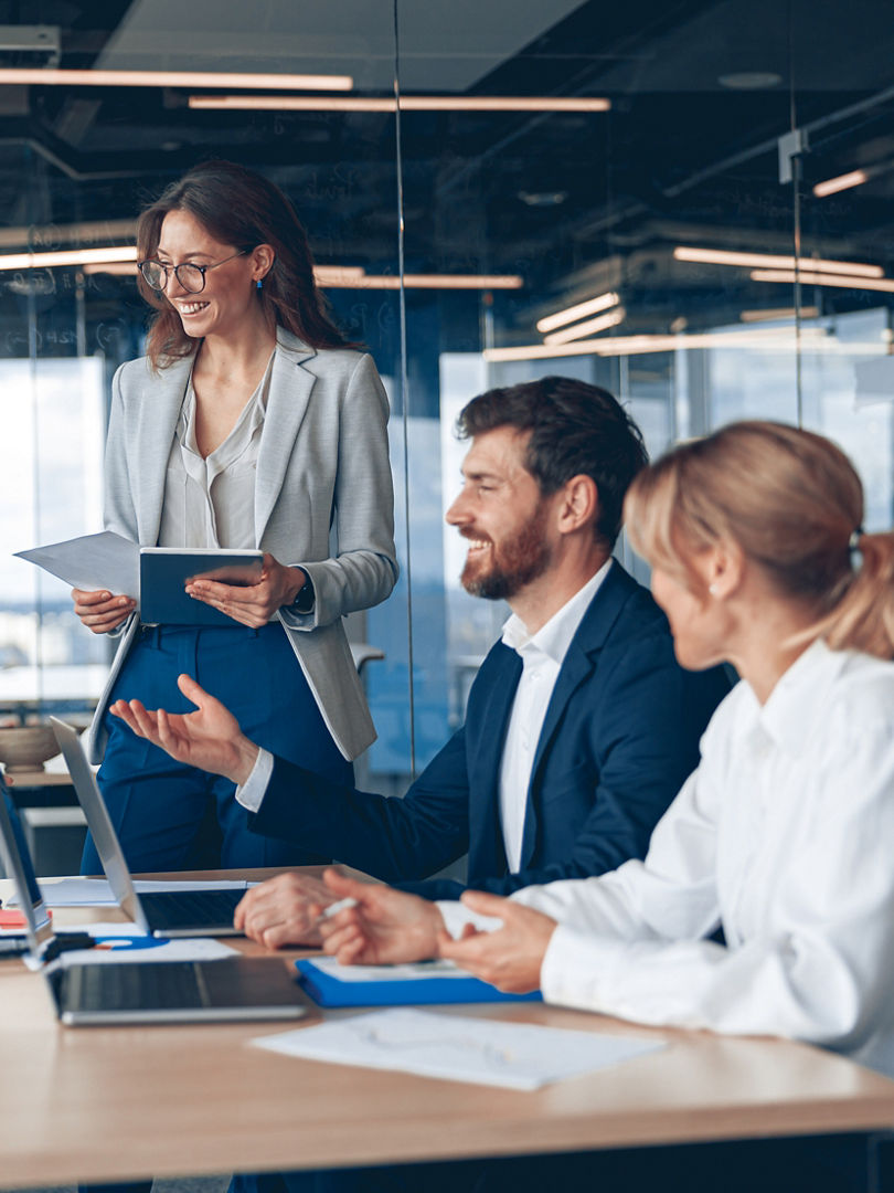 A group of business people partners during a set team meeting in the modern office.High quality 
