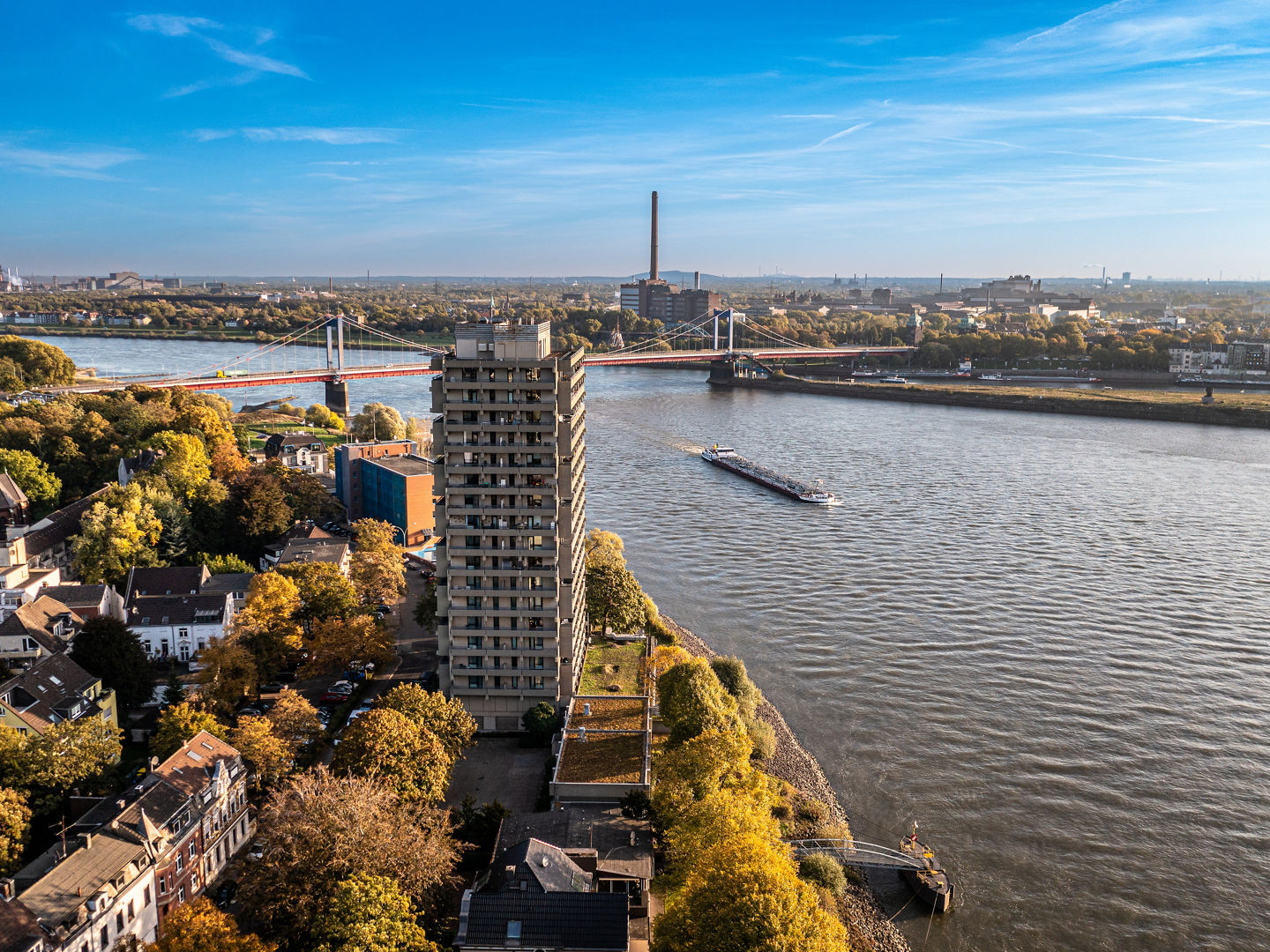 Duisburg Ruhr Area. Rhein River. Drone Aerial in autumn. High quality photo