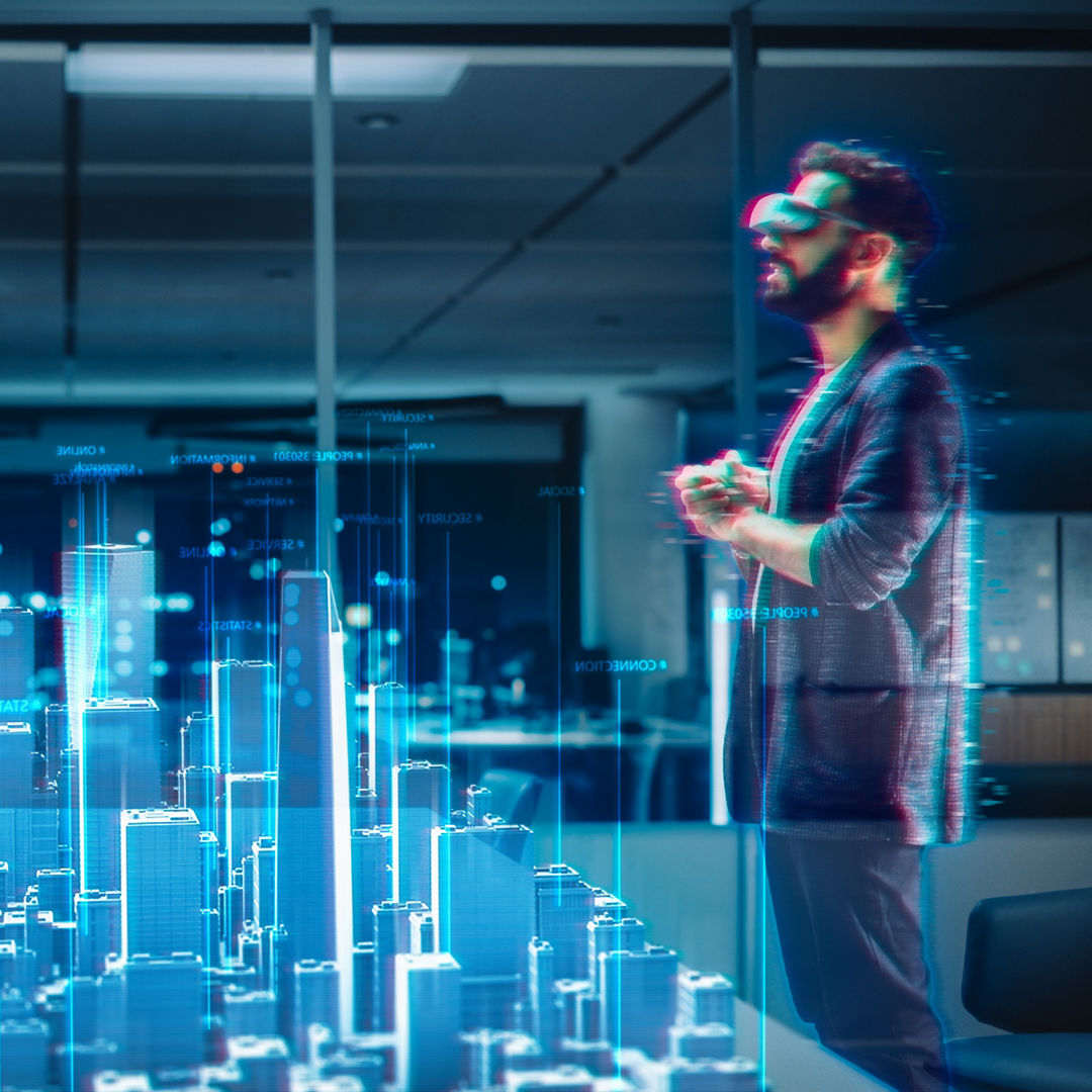 Office Online Meeting Video Conference: Businesswoman Wearing Virtual Reality Glasses to Talk With Real Estate Developer about Megapolis Project in Augmented Reality Metaverse. City Blueprint Hologram