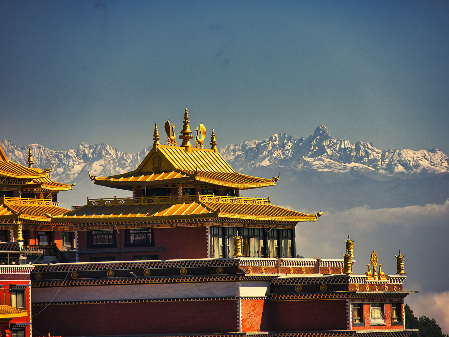 Large Buddhist monastery Thrangu Tashi Yangtse, Nepal near Stupa Namobuddha in the Himalaya mountains