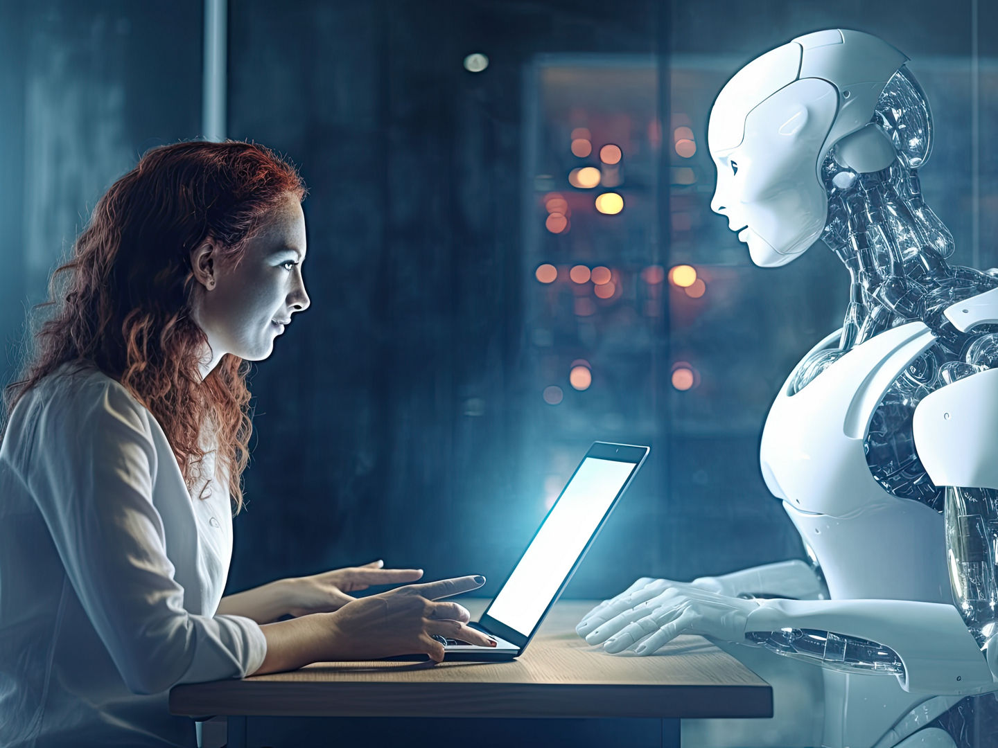 Person interacting with an AI-powered assistant on a computer or mobile device, with the AI providing helpful suggestions