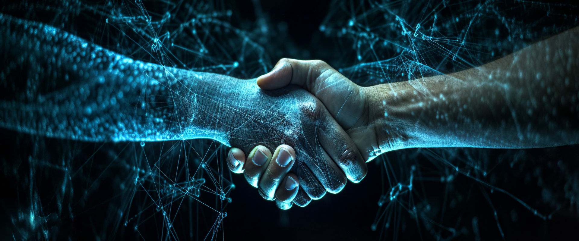 Human shaking hands with an AI, cyan energy, black background, Ai Generated