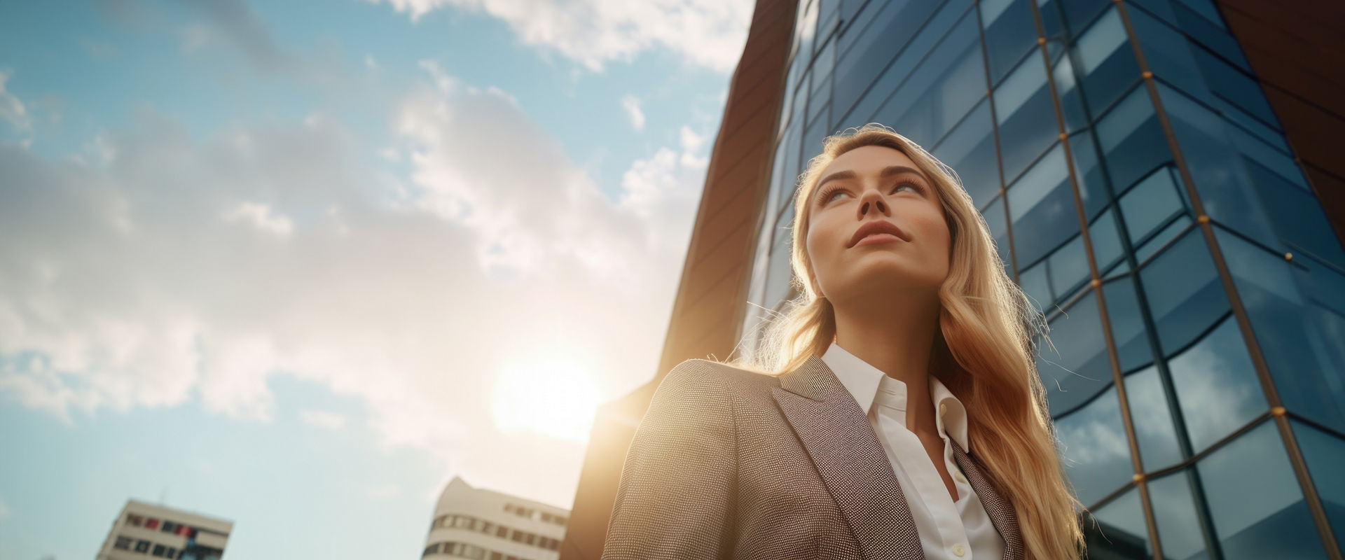 Low-angle  shots of businesswoman front of modern building  Soft light on cloudy days background.