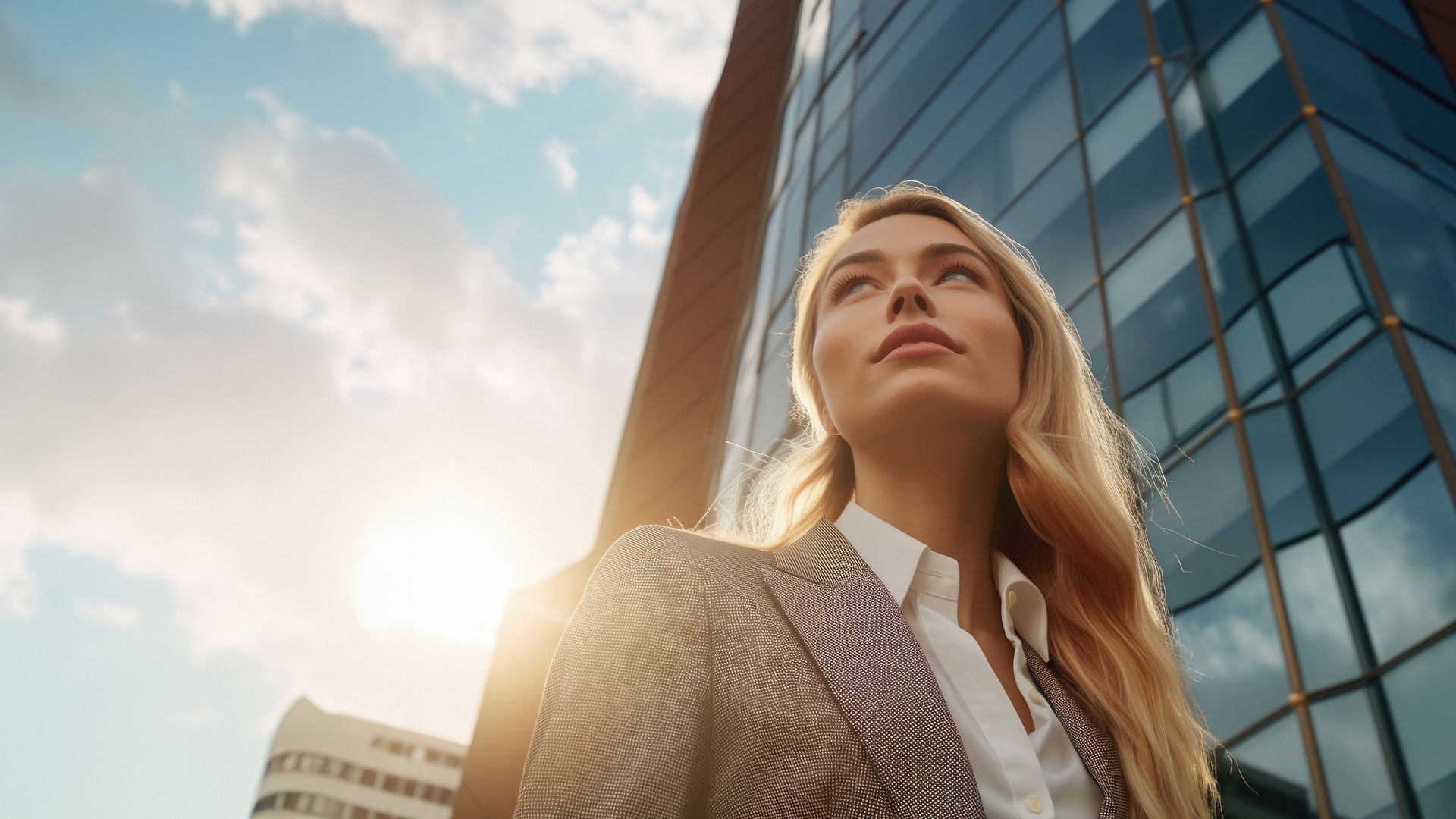 Low-angle  shots of businesswoman front of modern building  Soft light on cloudy days background.