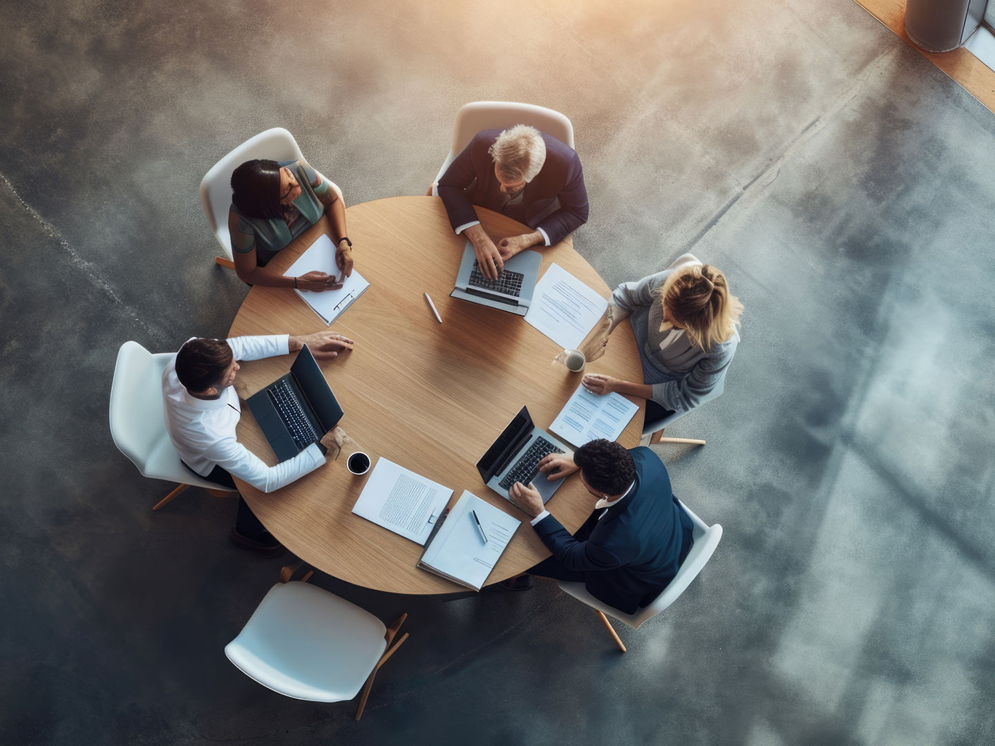 Fünf Personen sitzen an einem runden Tisch und arbeiten an einem Projekt