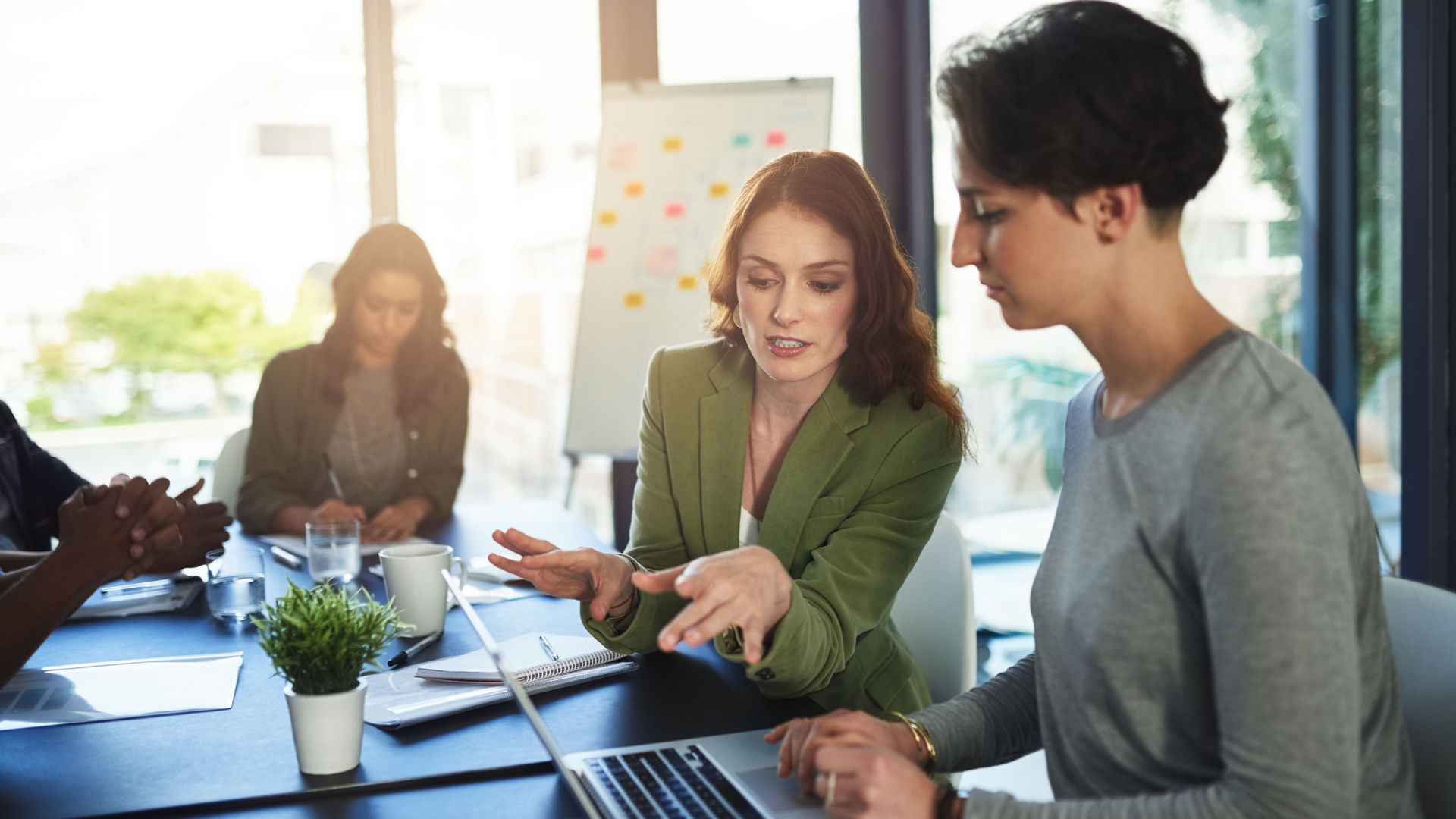 Boardroom, mentor and business people with laptop for discussion, research and access to company page. Office, web designer and manager in creative agency with digital for startup, progress or review.