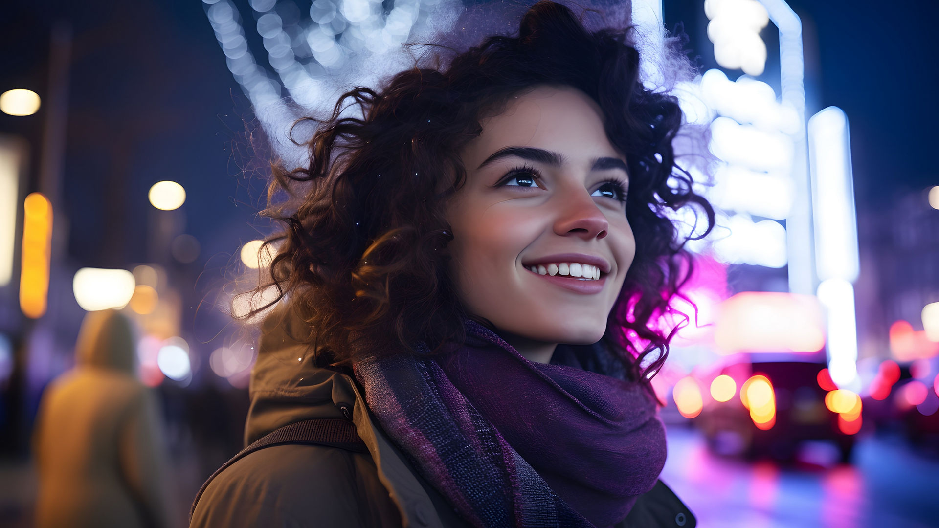 A young smiling brunette woman in the evening city illuminated by neon light