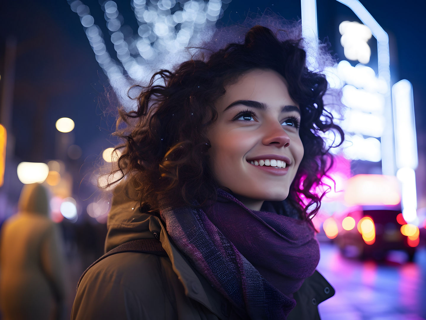 A young smiling brunette woman in the evening city illuminated by neon light