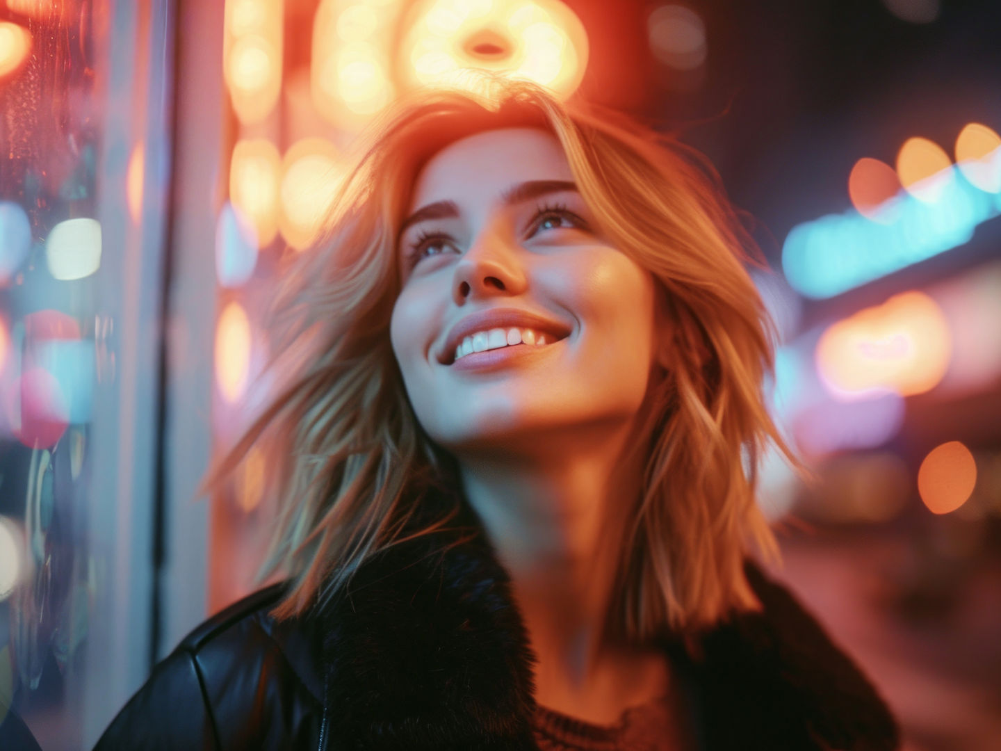 A young smiling blonde woman in the evening city illuminated by neon light
