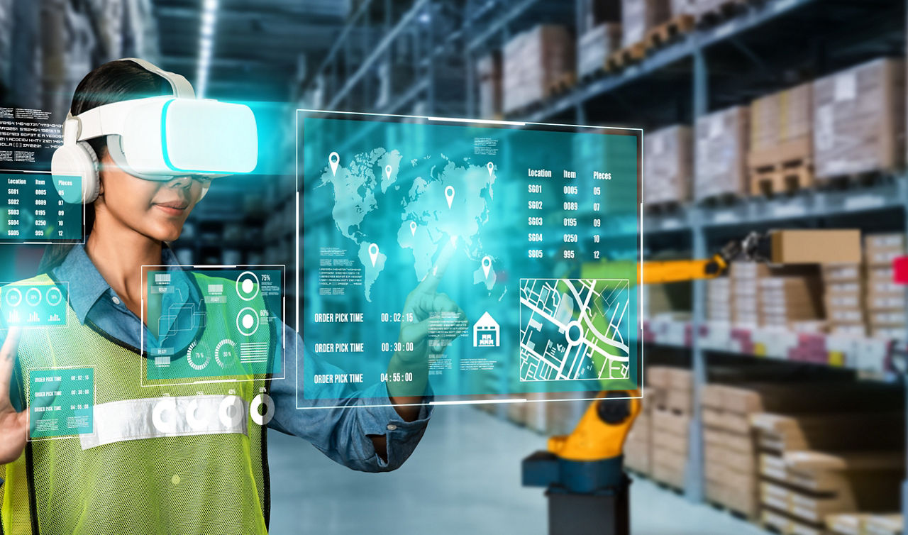 Future virtual reality technology for innovative VR warehouse management . Concept of smart technology for industrial revolution and automated logistic control .