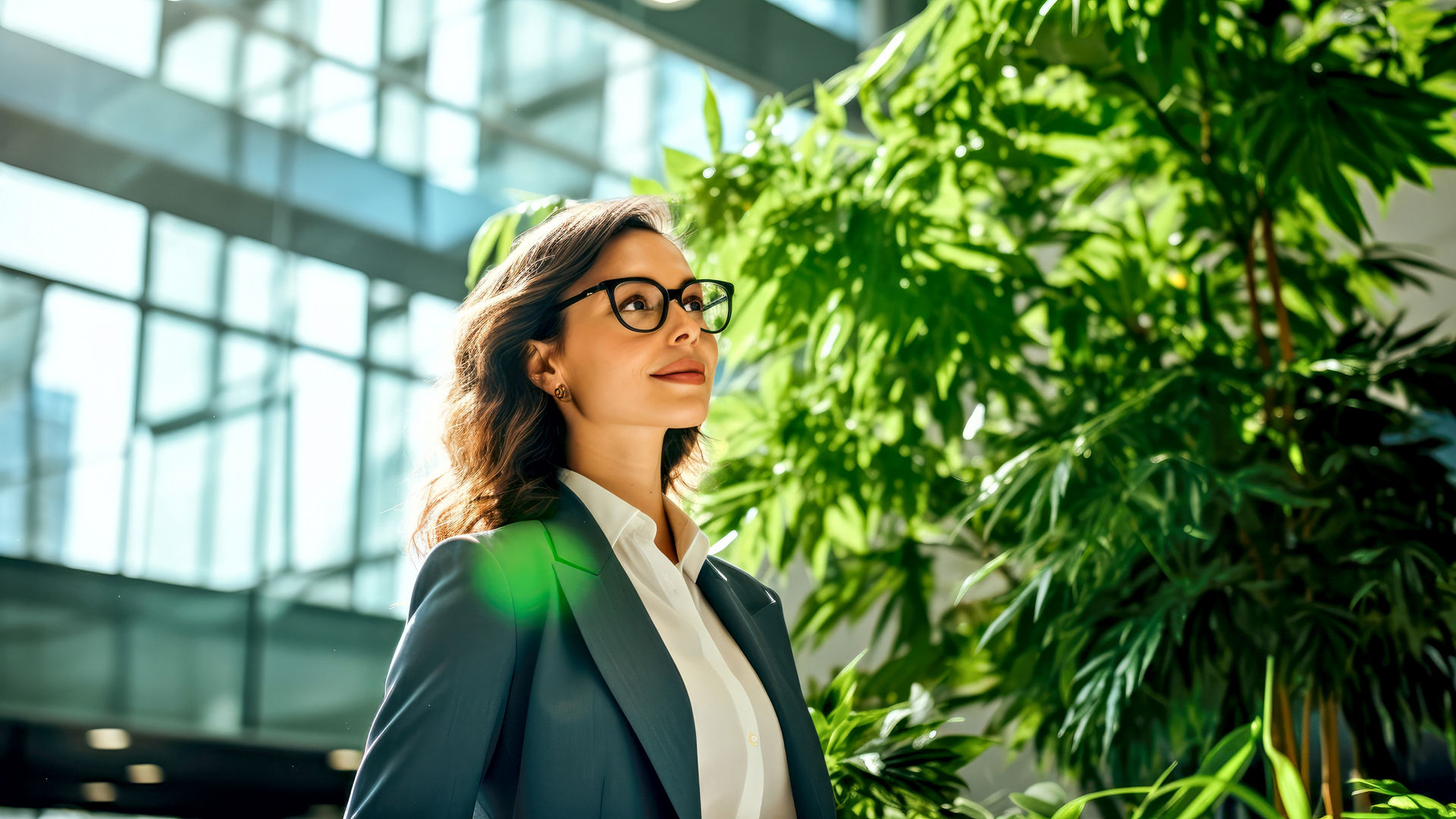 Female startup entrepreneur stands amidst vibrant green foliage in modern office hall. Concept of investment on corporate sustainability and modern technology solutions. Banner. Copy space.