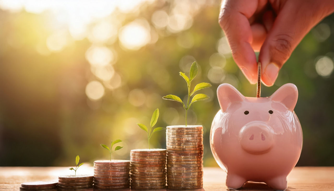 Hand inserting coin into pink piggy bank on sunlight background.