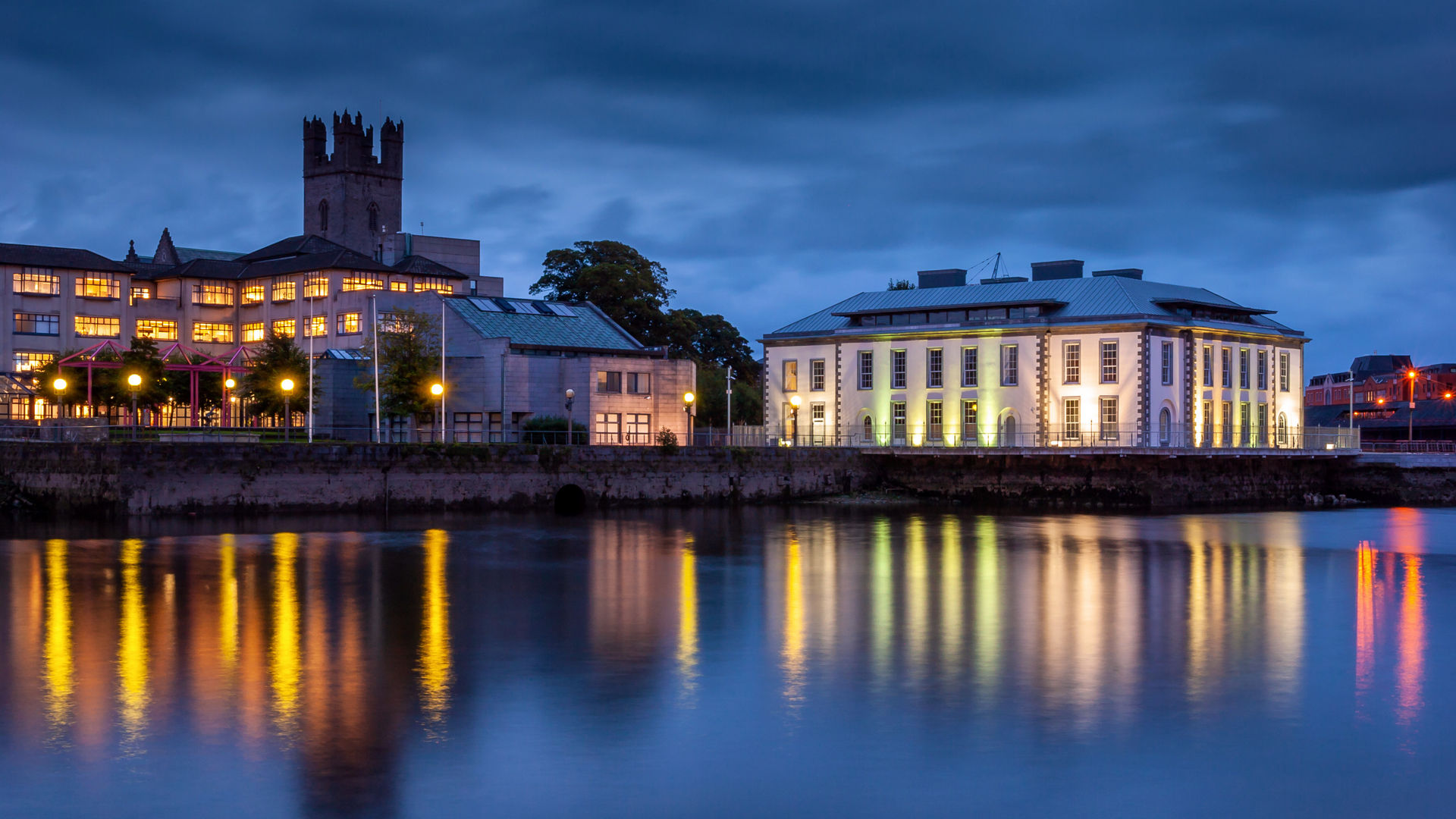 Limerick City lights on the Shannon river at night