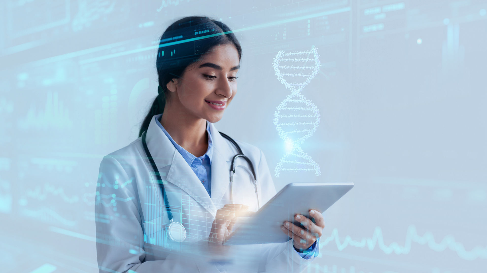 CRISPR technology. Young advanced indian lady doctor enjoying futuristic medical technologies, studying virtual human DNA strand on digital tablet, blue studio background