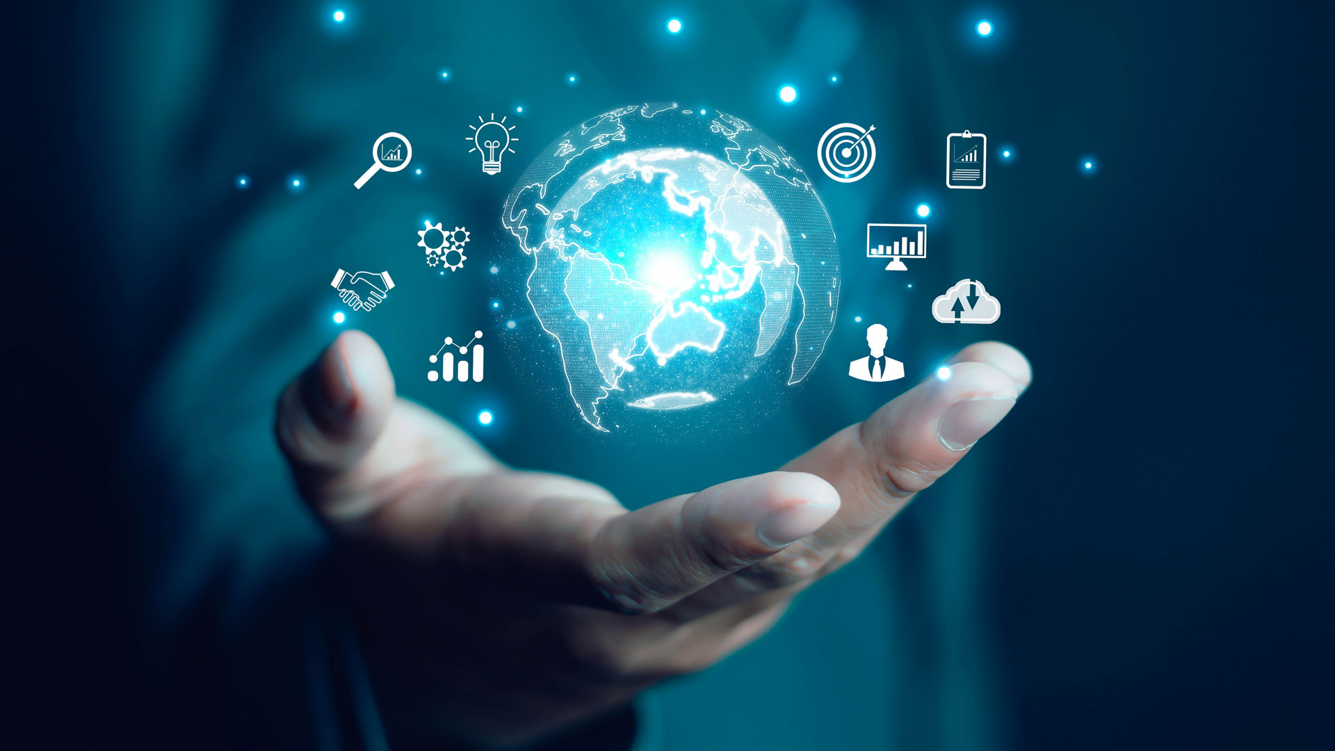 Hand holding globe with data connection network icon, Developing the changing intelligent data and global business development, Applying the digital technology of artificial intelligence.