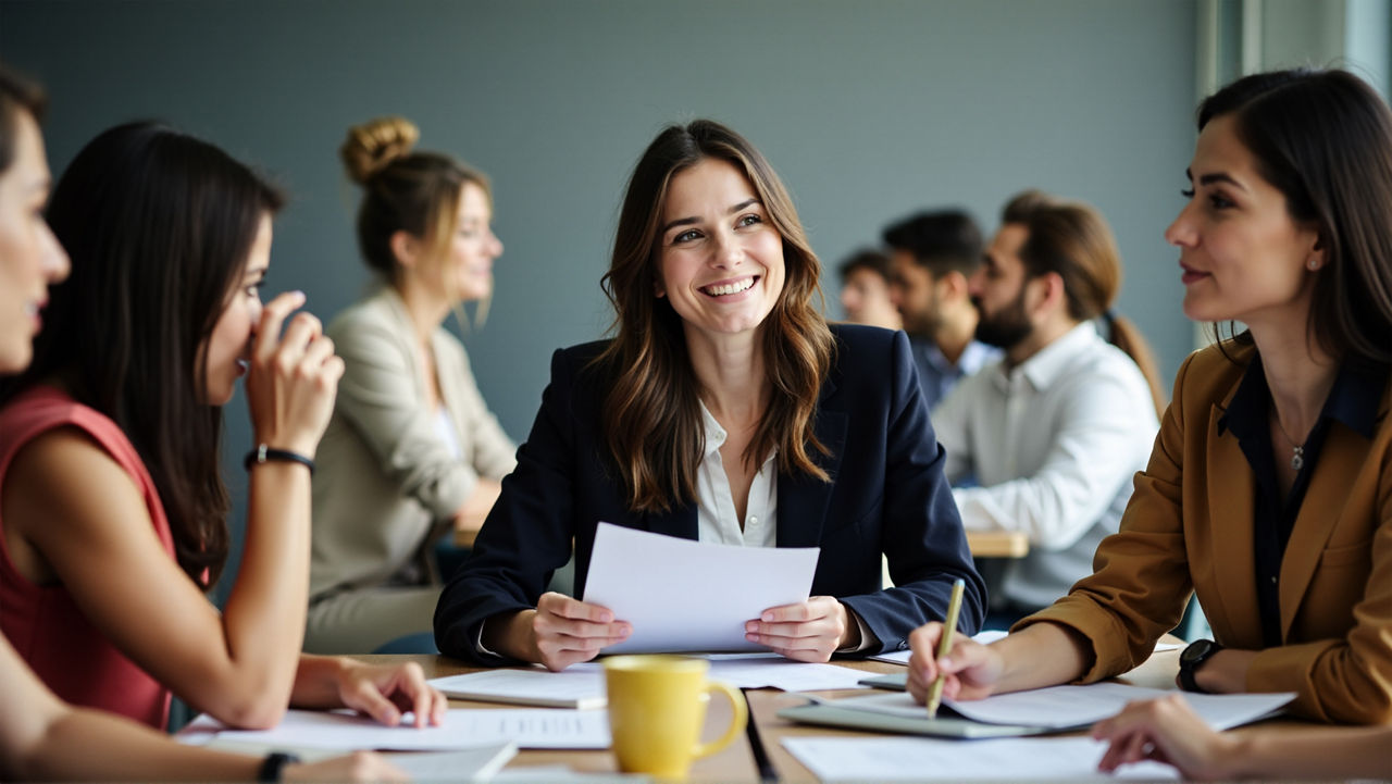 Business Team Meeting  in office Led by a Woman, Engaged in Discussion