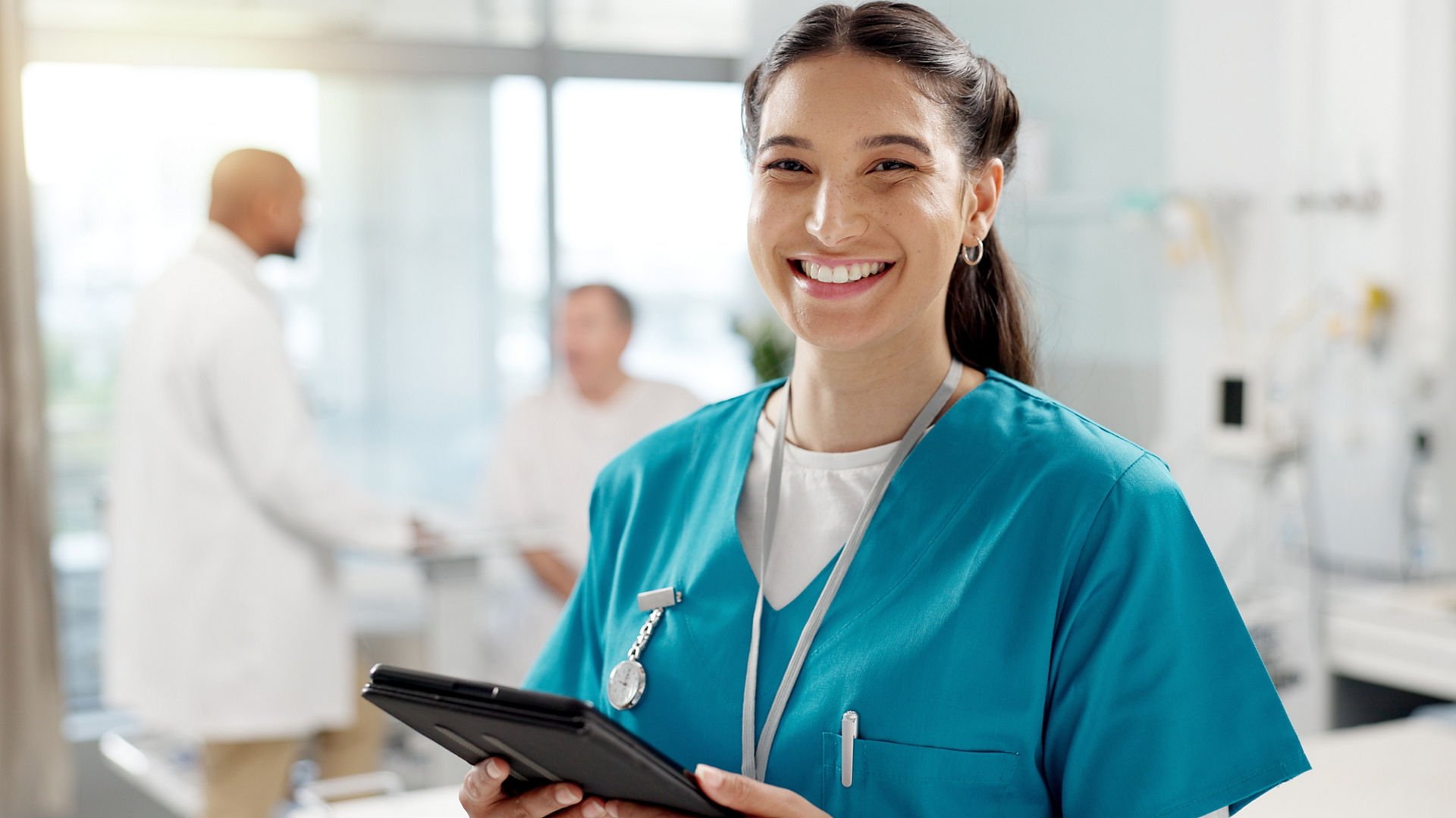 Happy, face and woman with a tablet, doctor and typing with connection, website info and employee. Portrait, nurse and medical professional with tech, clinic and research with internet or digital app.