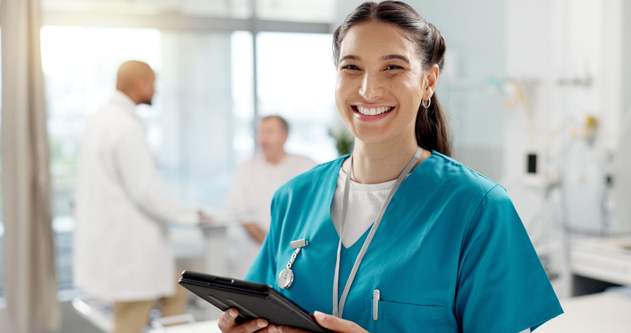 Happy, face and woman with a tablet, doctor and typing with connection, website info and employee. Portrait, nurse and medical professional with tech, clinic and research with internet or digital app.