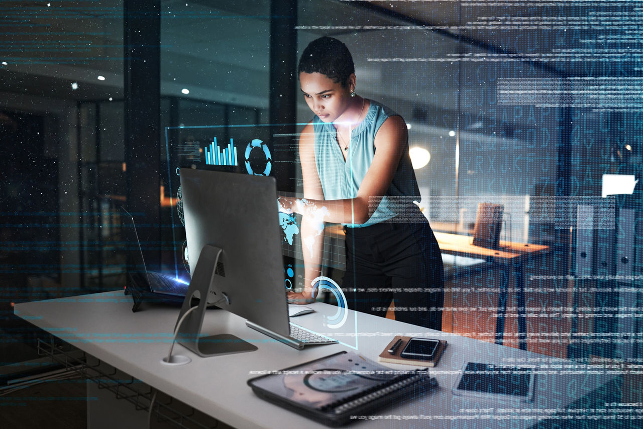 Office computer, hologram or night person reading future administration dashboard, research chart or ui software. Digital transformation, cloud computing overlay and black woman work on data analysis.
