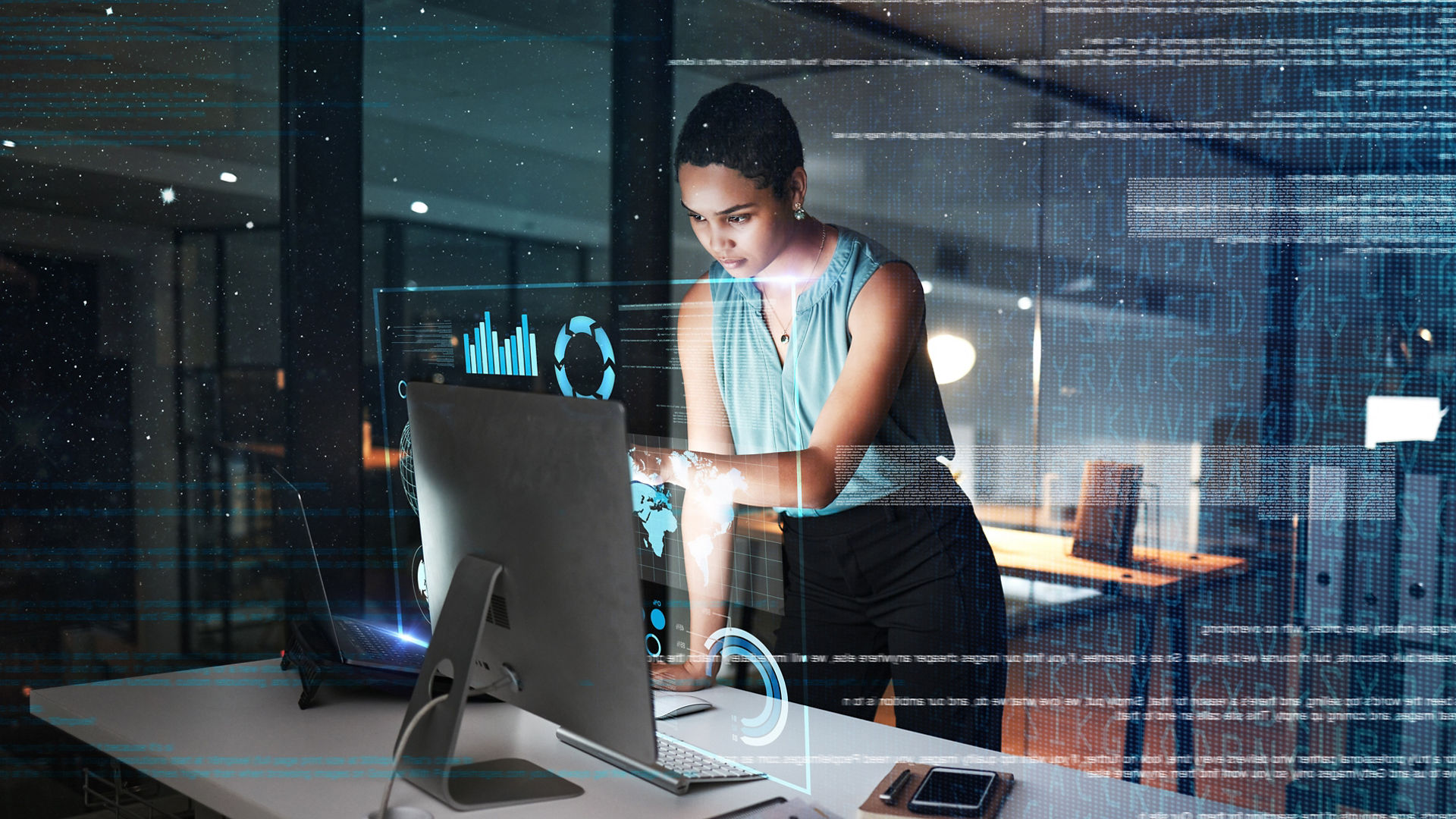 Office computer, hologram or night person reading future administration dashboard, research chart or ui software. Digital transformation, cloud computing overlay and black woman work on data analysis.