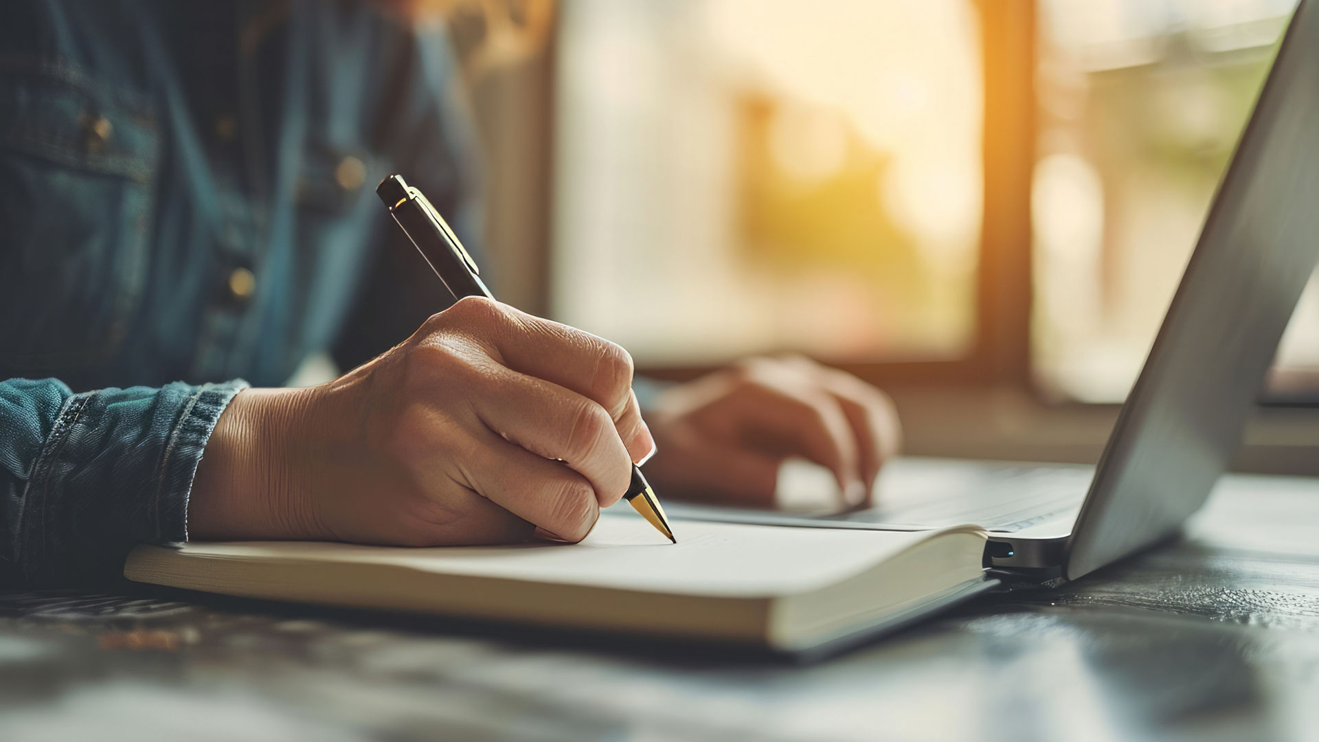 Close up of a person hands writing in a notebook with a pen, with a laptop in the background.