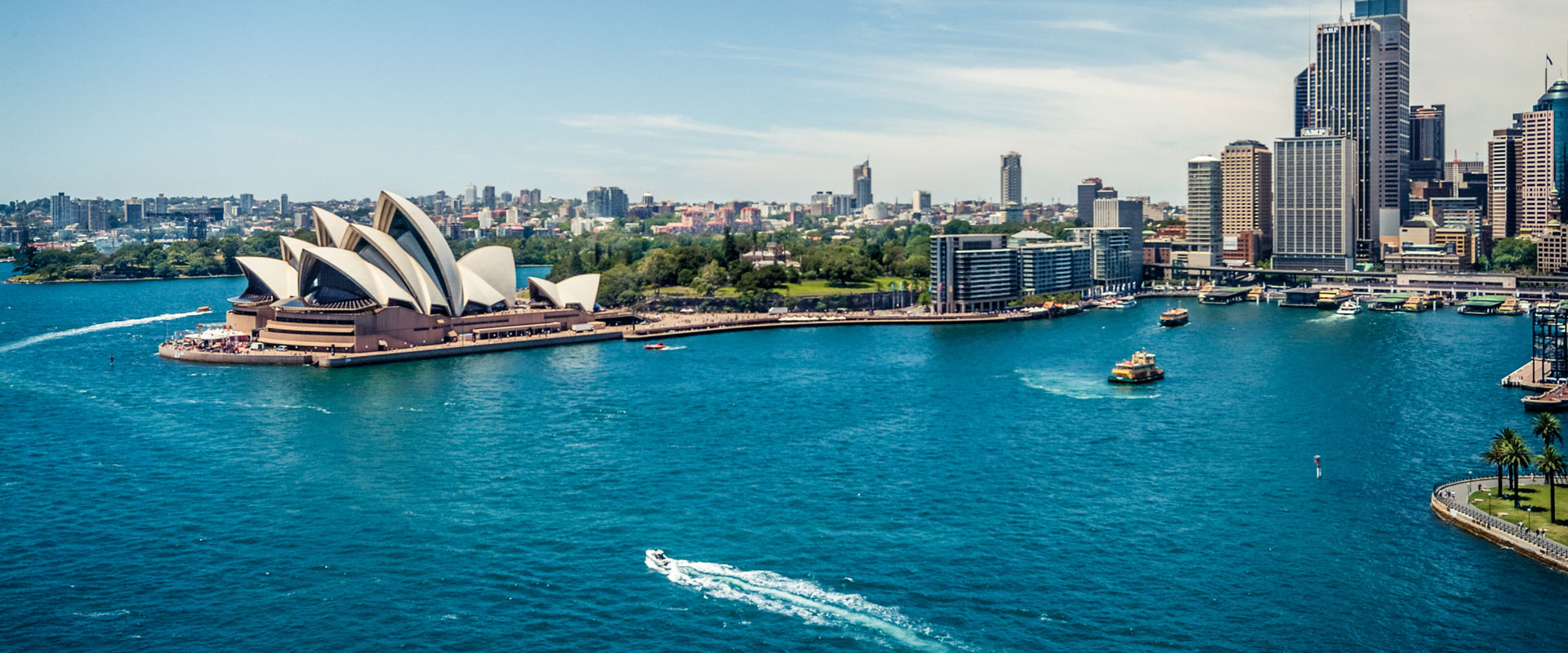 Sydney Opera House and Circular quay, ferry terminus, from the harbour bridge.