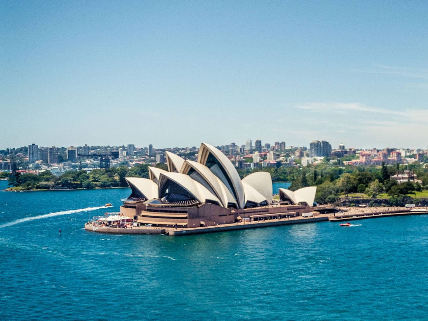 Sydney Opera House and Circular quay, ferry terminus, from the harbour bridge.