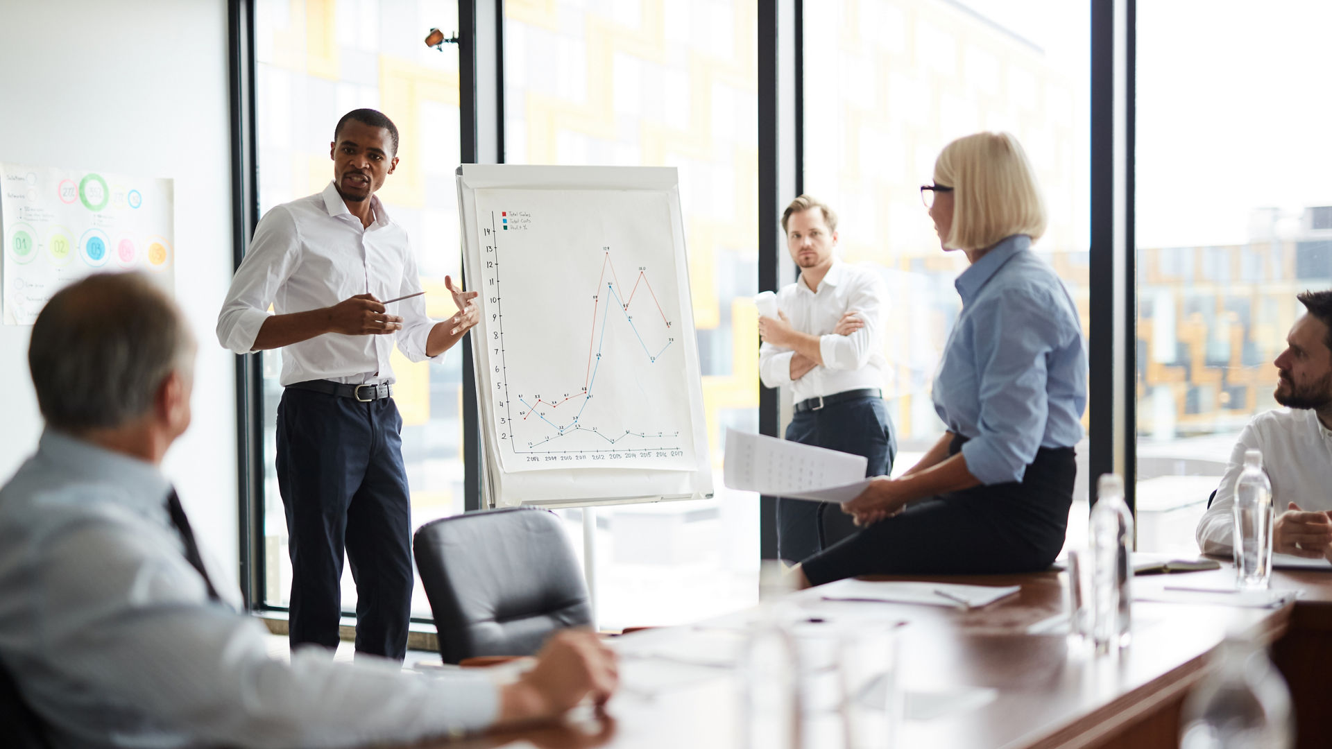 One of young businessmen explaining financial data to colleagues while standing by whiteboard