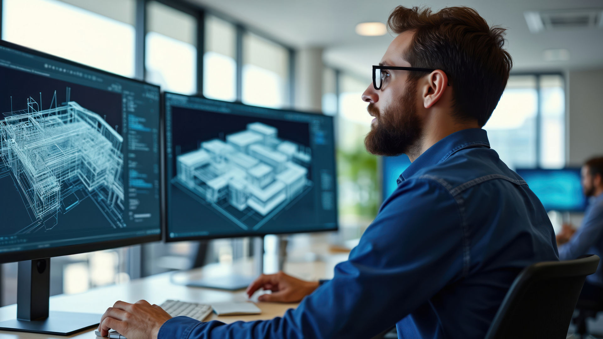 Man works on computer using BIM software to design building systems. Digital model shows structure. Engineer plans HVAC and ventilation, for modern project.