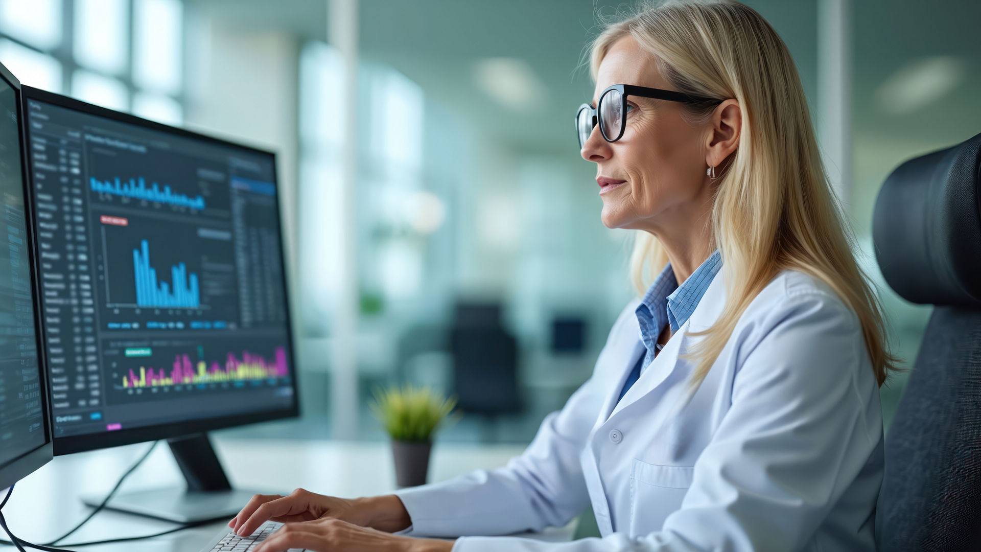 Elderly woman in glasses analyzes data on dual computer screens. Healthcare pro reviews charts and graphs on monitors working in office. Focused senior female examines medical info.