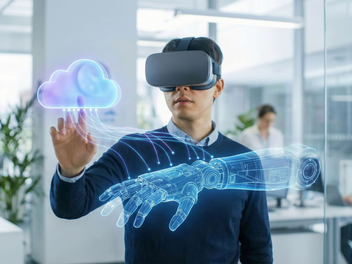 Man in vr headset interacting with holographic cloud