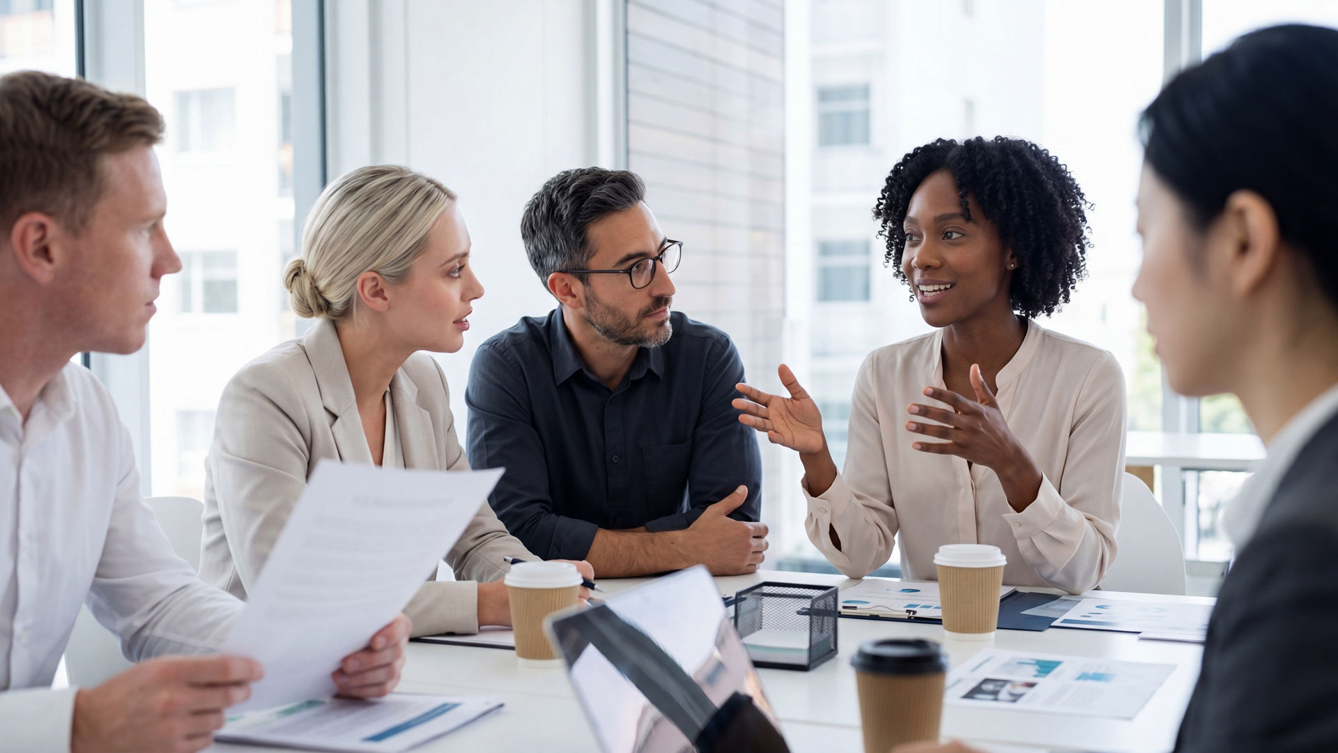 A diverse business team is engaged in a focused discussion around a conference table.