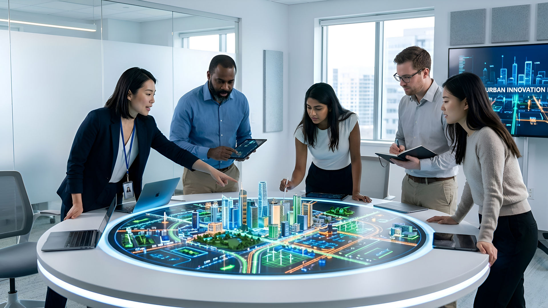 Diverse team of professionals collaborating around a futuristic table, examining a digital model of an urban landscape, focusing on innovative city planning, technology and business.